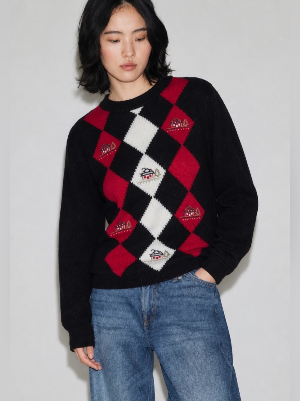 100% Wool Francesca Cozy Argyle Christmas Sweater Black Red Black White Size XL